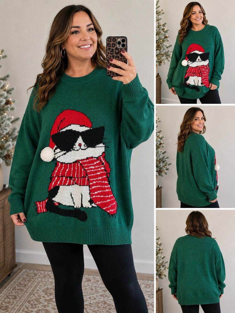 Dari 4XL Cat Christmas Sweater Santa Hat Scarf Holiday Green Funny Festive